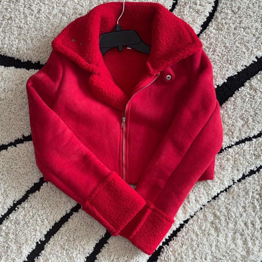 Red Sherpa-Lined Bomber Jacket